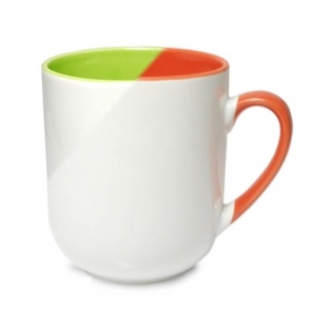 White mug with curved bottom with color handle and inside 290ml