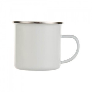 Metal enamel white mug with silver rim 