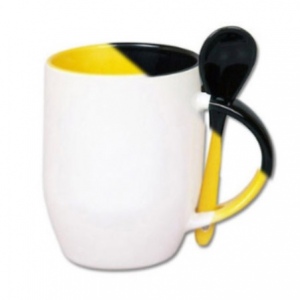 White mug with color spoon and color inside